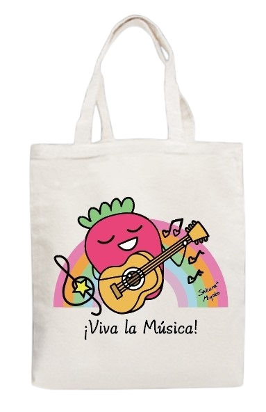 Tote bag with a colorful design of a strawberry playing an ukelele and rainbow with heart-shaped notes, with 'Viva la Música!' text.