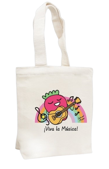 Tote bag with a colorful design of a strawberry playing an ukelele and heart shaped notes on a rainbow and text '¡Viva la Música!' on a white background.
